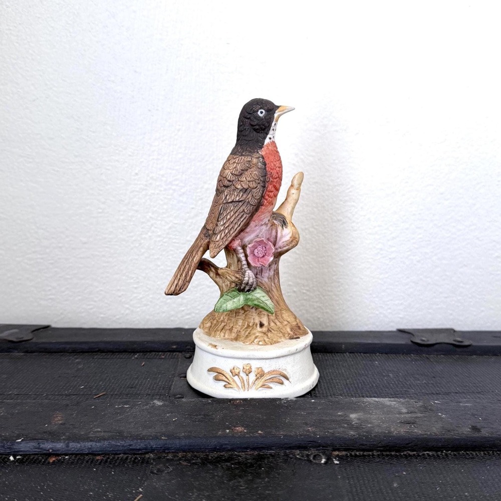 Vintage Robin Bird Music Box | Bisque Porcelain Collectible Figurine | Retro Dec